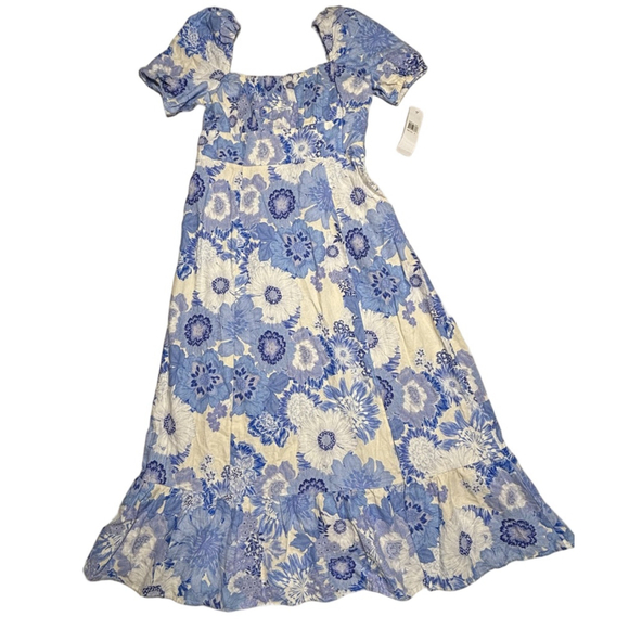 NWT London Times Blue, Ivory, White Floral Square Neck Puffer Sleeve Dress SZ 8 - Picture 2 of 10